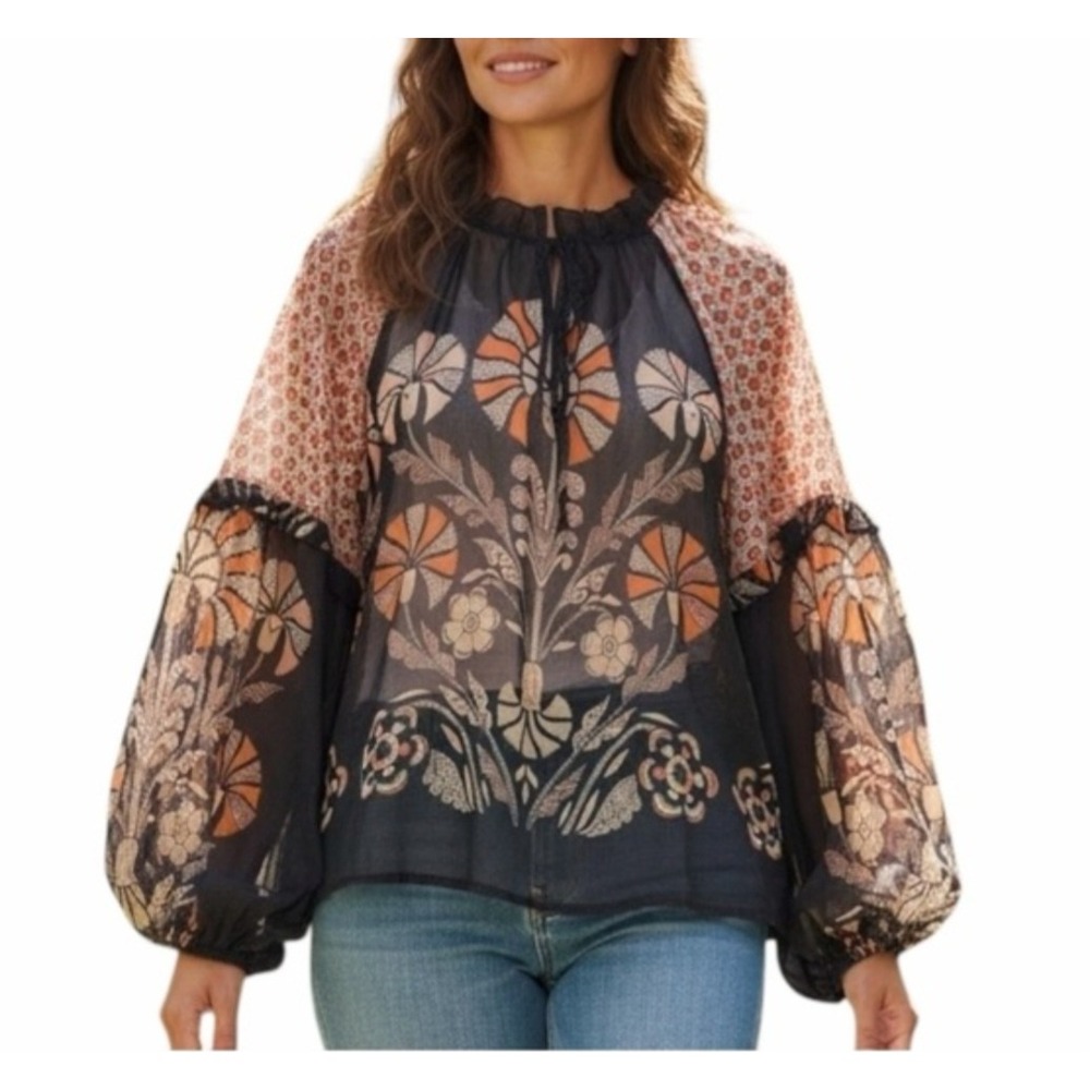 Forever That Girl Anthropologie Floral Boho Sheer Ruffle Blouse Navy XL